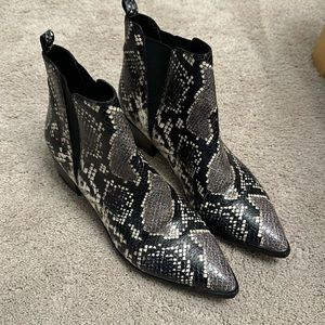 Marc Fisher snakeskin pattern ankle boots.